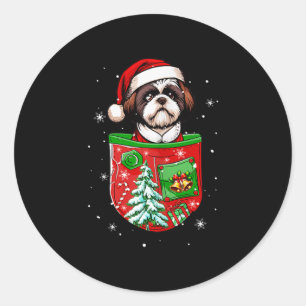 Pegatina Redonda Dueño de Santa Shih Tzu en campana de árbol de Nav