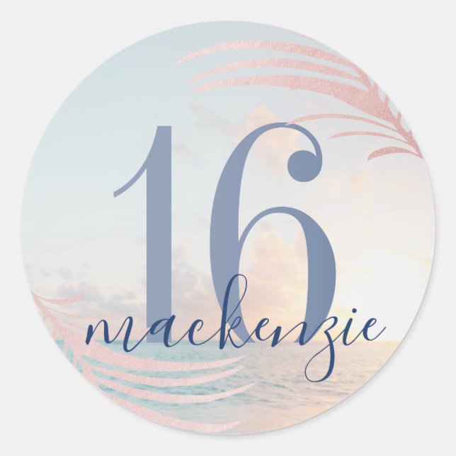 Pegatina Redonda Dulce 16ª fiesta de cumpleaños de playa (Anverso)