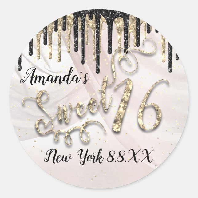 Pegatina Redonda Dulce 16º Fiesta Estrellas Oro Confetti Drips Glam (Anverso)