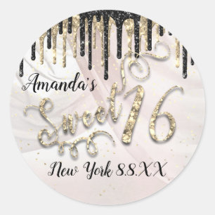 Pegatina Redonda Dulce 16º Fiesta Estrellas Oro Confetti Drips Glam