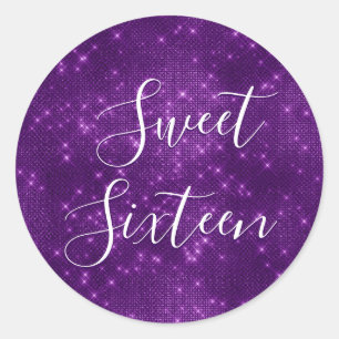 Pegatina Redonda Dulce 16 Aniversario Morado Esparkle y Shimmer