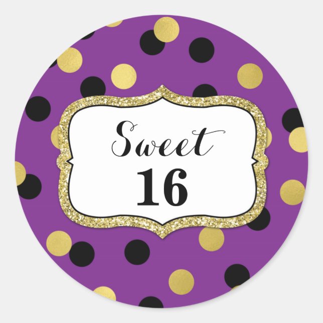 Pegatina Redonda Dulce 16 Cumpleaños Purple Black Gold Confetti (Anverso)