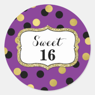 Pegatina Redonda Dulce 16 Cumpleaños Purple Black Gold Confetti