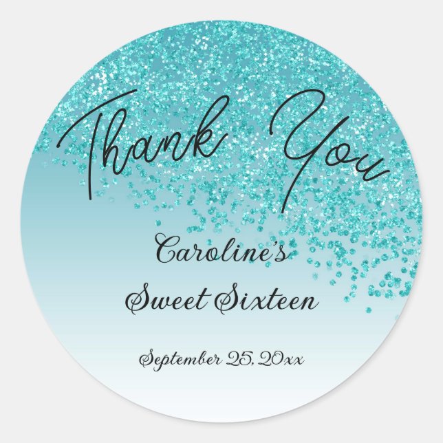 Pegatina Redonda Dulce 16 Gracias Caer Purpurina Azul Verde azulado (Anverso)