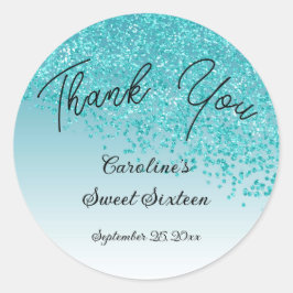 Pegatina Redonda Dulce 16 Gracias Caer Purpurina Azul Verde azulado