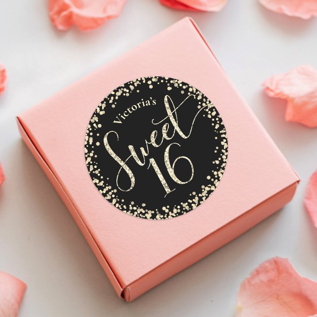 Pegatina Redonda Dulce 16 Moda Purpurina de oro negro Confetti Cump (Subido por el creador)