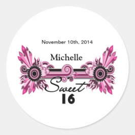 Pegatina Redonda Dulce 16 Pink Black Scrolls & Swirls Name Date