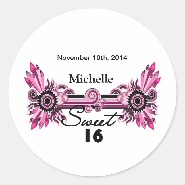 Pegatina Redonda Dulce 16 Pink Black Scrolls & Swirls Name Date (Anverso)