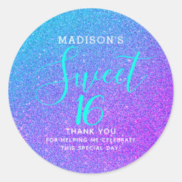 Pegatina Redonda Dulce 16 Purpurina púrpura Verde azulado Gracias M