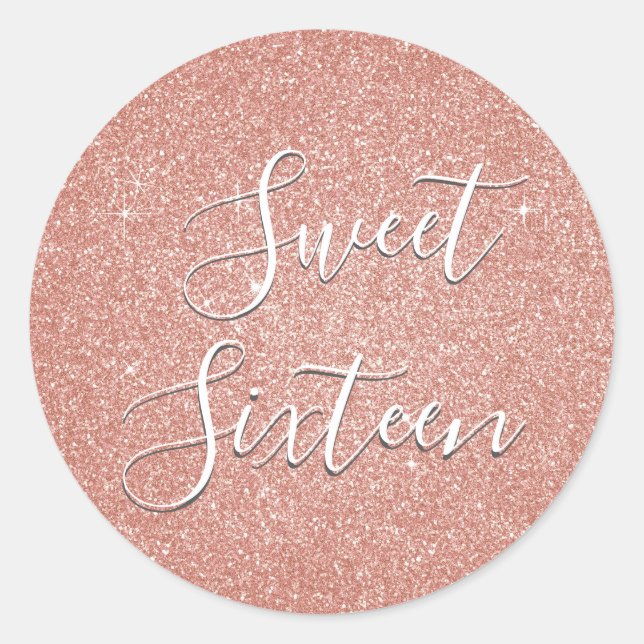 Pegatina Redonda Dulce 16 Rosa de cumpleaños Purpurina rosa Rubor (Anverso)