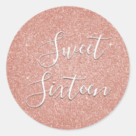Pegatina Redonda Dulce 16 Rosa de cumpleaños Purpurina rosa Rubor