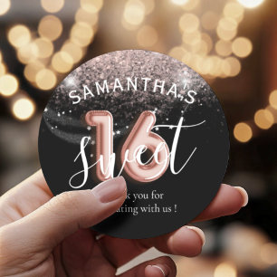 Pegatina Redonda Dulce 16 Rosa estilo globo Purpurina rosa dorado