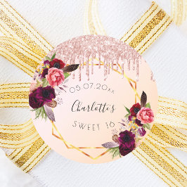 Pegatina Redonda Dulce 16 rosa purpurina de color dorado floral geo