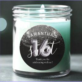 Pegatina Redonda Dulce 16 Silver Purpurina Número de globo y negro