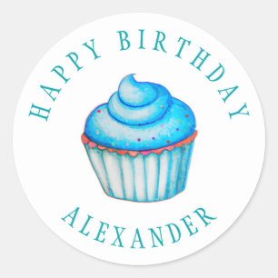 Pegatina Redonda Dulce Acuarela Cumpleaños Nombre Personalizado Azu
