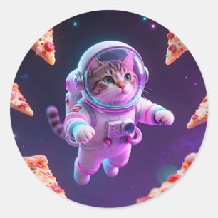 Pegatina Redonda Dulce aventura espacial de gato astronauta flotant