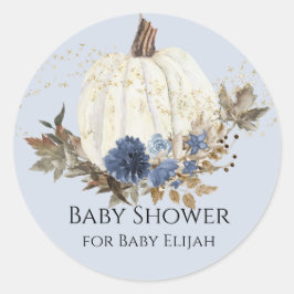 Pegatina Redonda Dulce Baby Shower Azul Floral Blanco Calabaza de l