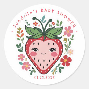 Pegatina Redonda Dulce Baby Shower de Fresa Coquette