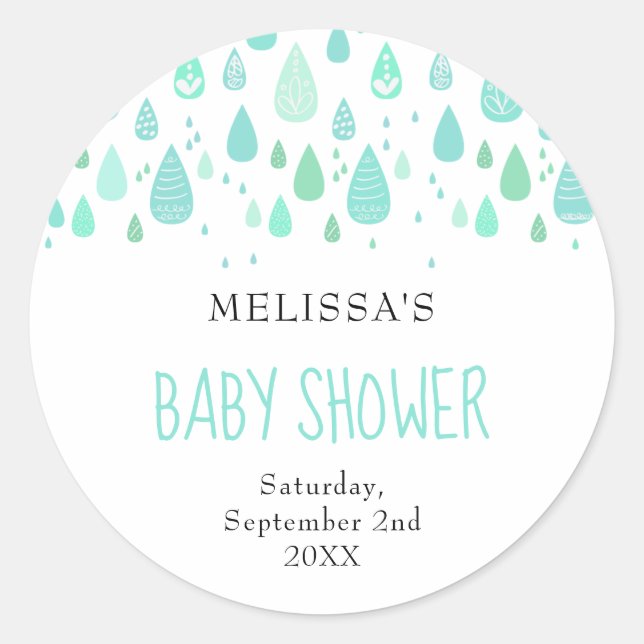 Pegatina Redonda Dulce Baby Shower de gotas de lluvia / Sprinkle (Anverso)