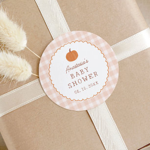 Pegatina Redonda Dulce Baby Shower de Otoño con Calabacita Neutral 