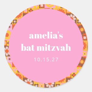Pegatina Redonda Dulce Batz Mitzvah personalizado floral retro rosa