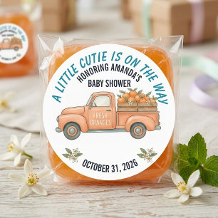 Pegatina Redonda Dulce Bebé Camioneta Naranja Vintage Baby Shower