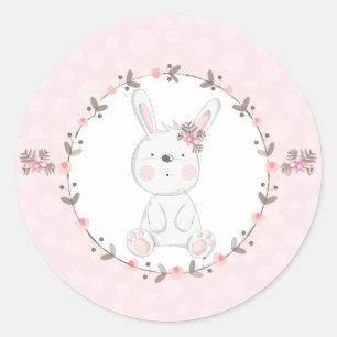 Pegatina Redonda Dulce Bebé Rosa Bunny Floral