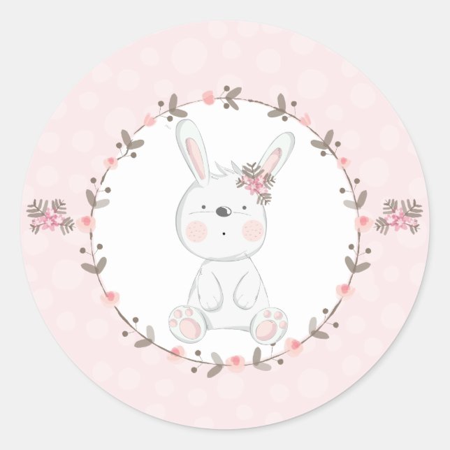 Pegatina Redonda Dulce Bebé Rosa Bunny Floral (Anverso)