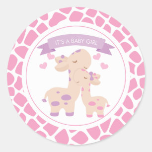 Pegatina Redonda Dulce bebé rosa chica Giraffe Jungle Baby Shower