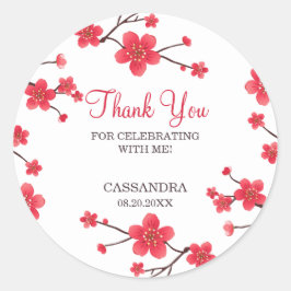 Pegatina Redonda Dulce Blossom De Cerezo Rojo Sakura Cumpleaños Flo