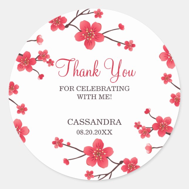 Pegatina Redonda Dulce Blossom De Cerezo Rojo Sakura Cumpleaños Flo (Anverso)