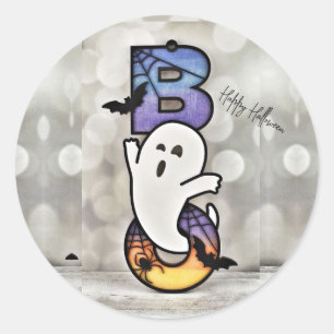 Pegatina Redonda Dulce Bruja de Halloween Boo Fantasma, Murciélago