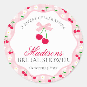 Pegatina Redonda Dulce cereza rosada Coquette Bow Bridal Shower Seo