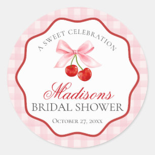 Pegatina Redonda Dulce cereza rosada Coquette Bow Bridal Shower Seo