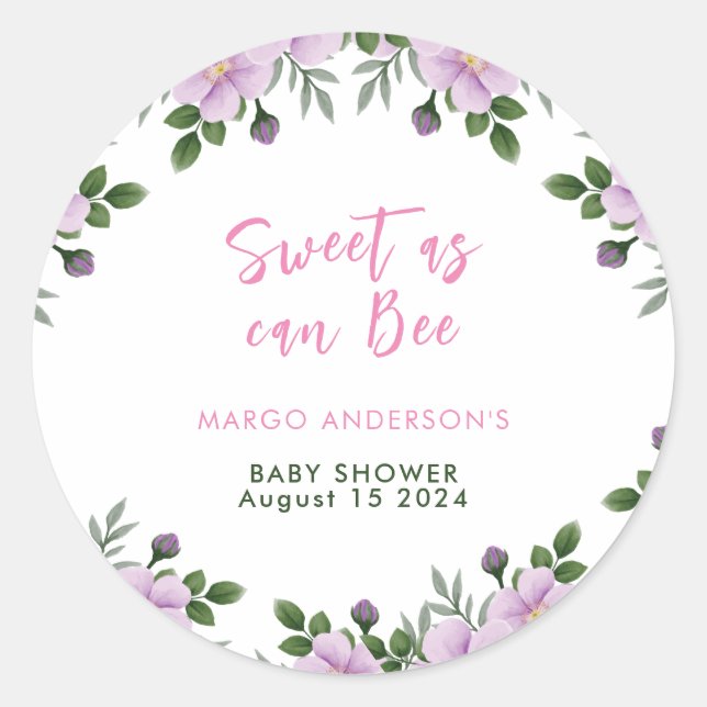 Pegatina Redonda Dulce como Bee Floral Chica Baby Shower (Anverso)