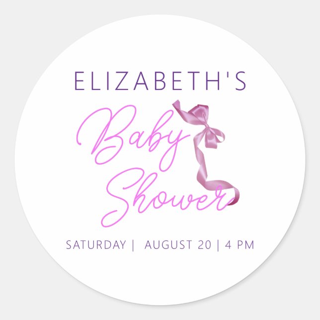 Pegatina Redonda Dulce Coquette Purple Bow Tie Elegant Baby Shower (Anverso)
