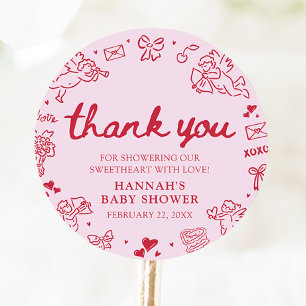 Pegatina Redonda Dulce Corazón Bebé Shower Dibujado a Mano para San