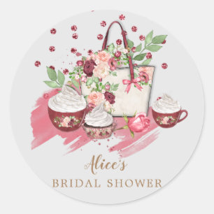 Pegatina Redonda dulce cupcake floral de boda en rosa con monograma