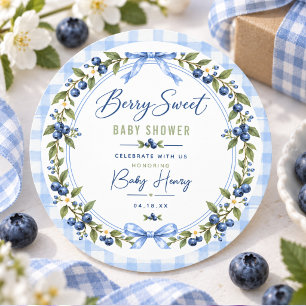 Pegatina Redonda Dulce de frutos baby shower Gingham azul Arándan