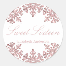 Pegatina Redonda Dulce de invierno con copo de nieve rosa de oro 16