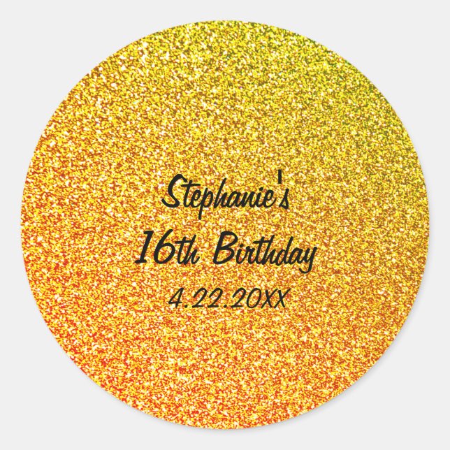 Pegatina Redonda Dulce de Oro Purpurinoso Dieciséis Fiesta de Cumpl (Anverso)