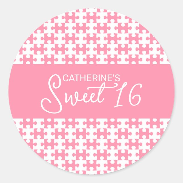 Pegatina Redonda Dulce De Rompecabezas Rosado Y Blanco 16 (Anverso)