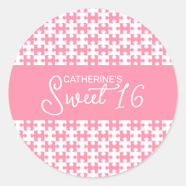 Pegatina Redonda Dulce De Rompecabezas Rosado Y Blanco 16