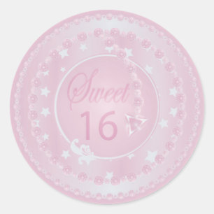 Pegatina Redonda Dulce Dieciséis Aniversario Rosa