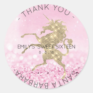 Pegatina Redonda Dulce Dieciséis Purpurina de Unicornio Rosa de Dia