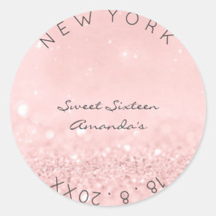 Pegatina Redonda Dulce Dieciséis Purpurinas Esparkly Rosa
