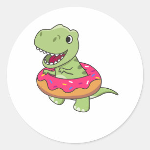 Pegatina Redonda Dulce Dino T-Rex Animales Graciosos En Rosa Donut