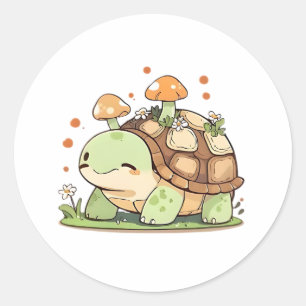 Pegatina Redonda Dulce diseño Kawaii Cottagecore de Tortuga Bosque