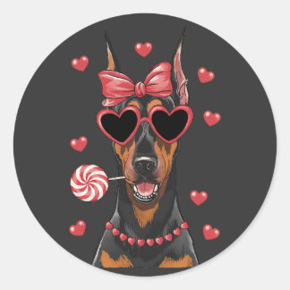 Pegatina Redonda Dulce Doberman Pinscher con Lollipop Valentine