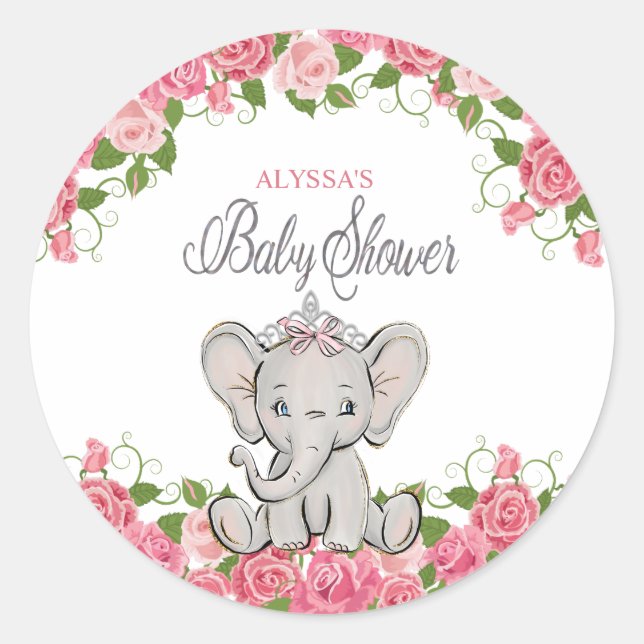 Pegatina Redonda Dulce Ducha de Bebé Princesa Elefante Floral Rosa (Anverso)